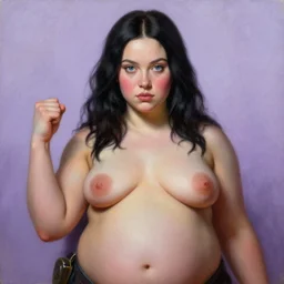 Beautiful oil painting of Hailee Steinfeld with a big chubby belly as Kate Bishop with a big chubby belly by Titian and Chie Yoshii, portrait, Marvel, Hawkeye, blush, symmetrical face, intricate, face, blue iris eyes, black hair, elegant, light purple mist, highly detailed, dramatic lighting, sharp focus, clenched fist, Pitch Perfect, Bumblebee, trending on artstation, artstationHD, artstationHQ, unreal engine, 4k, 8k
