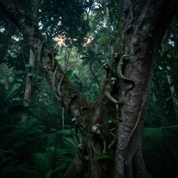 close up of a strangler fig tree with mutant likens growing on its bark. In the background a lush, dense forest, volumetric dusk light filtering from above. Eerie but serene, photorealistic, 8k