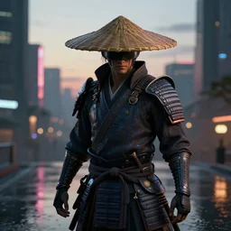 ultra realistic studio shot of a cyberpunk samurai with straw hat on a dusk city, cinematic, wet reflections, liflike, unreal engine 5, octane, smooth, rtx, ray tracing, hyper detailed, hyper realism, fantasy, trending on artstation, behance, deviantart