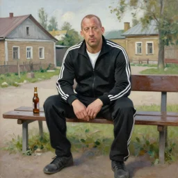vin diesel in black adidas tracksuit with white stripes sits on a bench with a bottle of beer in the courtyard of a provincial russian town, oil on canvas, naturalism