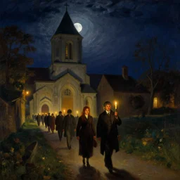 nuns walking to the convent by candlelight, moonlight streaming all around, art by anders zorn, wonderful masterpiece by greg rutkowski, beautiful cinematic light, american romanticism thomas lawrence, greg rutkowski
