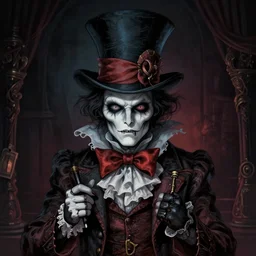 the mad hatter at the dark carnival illlustration, highly detailed, artstation, trending on illustrationx, intricate, smooth, sharp focus, dark, horror, illustration, art by greg rutkowski, daniel oldenburg, good clear quality, lighting, symmetrical artwork, cinematic, hyper realism, high detail, octane