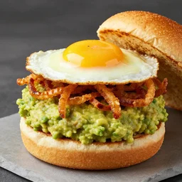 vegan hamburger with guacamole and crispy fried onion and fried egg toppings, crispy buns, 8 k resolution, studio lighting, sharp focus, hyper - detailed