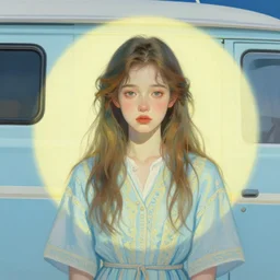 portrait of a beautiful girl, campervan, sad, pastel shades of light blue and light yellow, beautiful face, rule of thirds, intricate outfit, spotlight, by greg rutkowski, by jeremy mann, by francoise nielly, by van gogh, digital painting