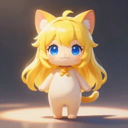 full body character concept art of a little cat girl with yellow hair and blue eyes in chibi style