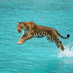 jaguar leaping through the air at a beautiful turquoise