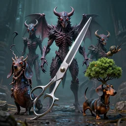the god of small scissors!!, pitchburn devils!, security rhox, sauroform hybrid, forbidding spirit!!, guardian project, hackrobat!!!, dachshund bonsai, cinematic, hyper realistic, detailed, 8k, octane render.