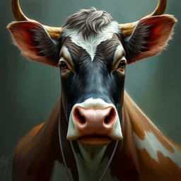 a detailed portrait of freddie mercury as a cow, likeness of s cow, by justin gerard and greg rutkowski, digital art, realistic painting, dnd, dungeons & dragons, character design, trending on artstation