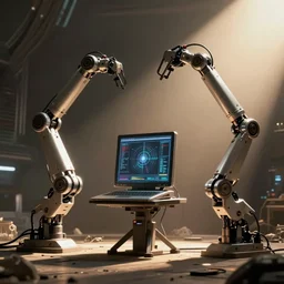 a computer growing robotic arms and legs. Still from big budget hollywood sci-fi film.