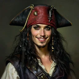portrait of a young ruggedly handsome but joyful pirate, female, feminine, upper body, black hair, long hair, d & d, fantasy, seductive smirk, intricate, elegant, highly detailed, digital painting, artstation, concept art, matte, sharp focus, illustration, art by artgerm and greg rutkowski and alphonse mucha