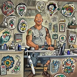 a wholesome cottagecore illustration of a happy cartoon Dwayne Johnson at the tattoo shop,, studio Ghibli, Pixar and Disney animation, sharp, Rendered in Redshift and Unreal Engine 5 by Greg Rutkowski, Bloom, dramatic lighting