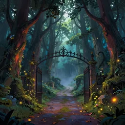 a hq artstation, beautiful digital glossy clear sharp of a detailed mystical fantasy illustration concept art colorful forest trees fireflies nd iron gate road pathway fog by james gurney, tadema, dark constrast 8 k resolution trending on artstation
