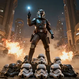 off angle beautiful full body shot film still of the Mandalorian standing on a pile of stormtrooper helmets at night in science fiction post apocalyptic Mos Eisley city in tattooine, explosions, volumetric lighting, dust, smoke, fire, action pose, low angle, hard surface modeling, lens flare, J.J. Abrams , Gilbert Taylor, George Lucas, zbrush, unreal, blender, redshift, 3d model, 8k