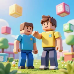 highly detailed 3d render of kid interacting with roblox figure outside in the sun, box shapes floating all over, bright colors, octane render, insane quality, 8k, 4k, trending, artstation