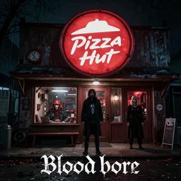 A still image from the new Netflix live action adaptation 'Bloodborne', wide shot, features a spooky Pizza Hut