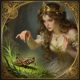 highly detailed art of a woman casting a spell on a grasshopper, deep focus, d & d, fantasy, intricate, elegant, highly detailed, digital painting, artstation, concept art, matte, sharp focus, illustration, hearthstone, art by artgerm and greg rutkowski and alphonse mucha