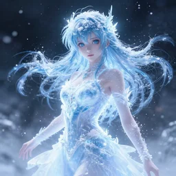 photorealistic full shot of masterpiece anime girl, beautifull lovely eyes, posing, electric aura with particles, snowing frozen ice, darkness background, inspired by masami kurumada, akira toriyama, detailed, unreal engine 4 k, volumetric light, fog