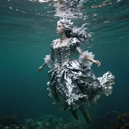 A silver haired mad princess from the 18th century, dressed in a ragged, 18th century silver wedding dress, floathing underwater in a lake, mystical, atmospheric, greenish blue tones, underwater photography, concept art by Annie Stegg Gerard, Ian David Soar, John Anster Fitzgerald, and John Everett Millais