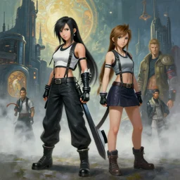 a painting of tifa lockhart and aerith gainsborough from final fantasy 7, standard clothing from the conceptual art, the midgard steam punk city as backdrop, by greg rutkowski, artgerm, wlop, ruan jia, krenz cushart, alphonse mucha, rain, fog, unreal engine 5