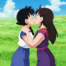 two women kissing in a peaceful meadow, screenshot from dragon ball z