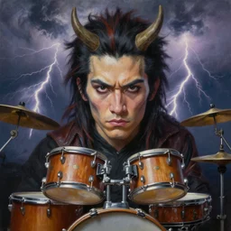 raijin with leather and wood drums. strong storm with fire lightnings in the background. realistic, highly detailed, oil painting in a modern style, very detailed and symmetrical face, painted by greg rutkowski, sachin teng, thomas kindkade, tony sandoval, norman rockwelll