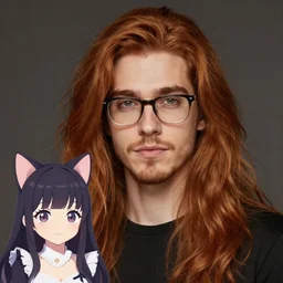 a beautiful chad german guy with very long chestnut! hair, with glasses and short stubble! goatee cosplaying! a japanese cat girl, trade offer meme, digital painting, concept art, matte