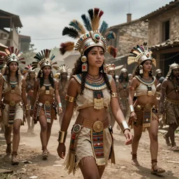 young female aztec soldiers in headdresses marching through a liberated french town