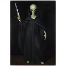 alien cultist with robes and a dagger by leonora carrington