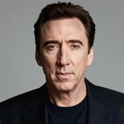 professional portrait of nicolas cage neutral expression face straight on headshot even lighting