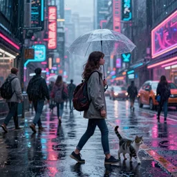 a girl and a cat walk near the crowded street of a cyberpunk city, rain, harsh neon lights, highly detailed, digital painting, trending on artstation, concept art, sharp focus, illustration, art by artgerm and greg rutkowski and magali villeneuve