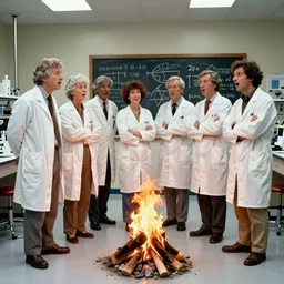 A photograph that documents a group of amazed scientists standing around a campfire on the floor of a laboratory. In the background there is a chalkboard with calculations and drawings of fire. F/8, archival photo, room lighting