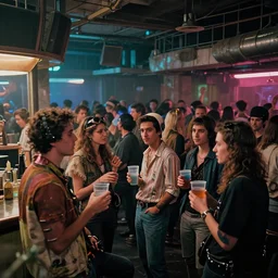 photograph of retro techwear people with solo cups loitering near the bar of a packed busy rundown nightclub, retrofuturism, brutalism, cyberpunk, sigma 85mm f/1.4, 35mm, 4k, depth of field, high resolution, 4k, 8k, hd, highly detailed, full color