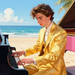 :very detailed:masterpiece:digital:Timothee Chalamet:golden suit:featured in artstation+digitally painted by WLOP+yellow+blue+pink:⭐:beach+sunny day+playing grand piano-H 900