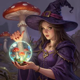 A sorceress with a witch musroom hat casting a glass ball,  detailed illustration, digital art, overdetailed art, concept art, highly saturated colors, detailed illustration, hd, 4k, digital art, Dan Mumford, Greg, Rutkowski, trending on artstation