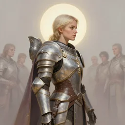 masterpiece ( ( side profile ) ) concept art by thomas blackshear, imogen poots as holy space templar, heavy armour, light halo, matte painting, pastel colours, realistic shaded lighting poster by hsiao ron chen, artgerm, lawren harris, eve ventrue, magali villeneuve, jeremy lipkin, rob rey, christophe vacher