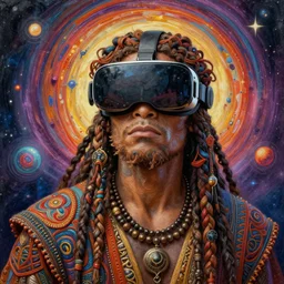 a high hyper detailed painting with many intricate textures of a caveman wearing virtual reality goggles in a spiritual psychedelic cosmos