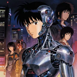 a japanese cyberpunk cyborg, finely detailed features, cyborg robot parts with glowing lights!, dramatic cinematic, night, at cyberpunk city, ghost in the shell, akira, noir, trending on pixiv fanbox, manga!, heavy metal!, painted by greg rutkowski makoto shinkai takashi takeuchi craig mullins, alphonse mucha, studio ghibli