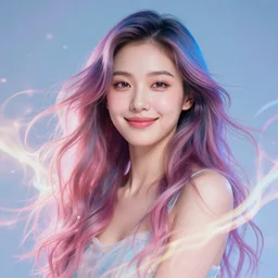 a bright vibrant creative portrait of a mystical woman playing with energy by brandon woelfel and agnes cecile, trending on artstation portrait, center framing, soft focus, cinematic lighting, vertical, soft skin, smooth skin, sensual smile, attractive, natural makeup, small nose, long beautiful hair, flowing hair, colorful hairportrait, f 2, 8 5 mm, f 1. 8,