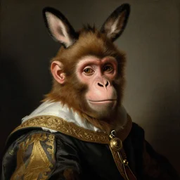 portrait of a monkey king of spain, artwork by velazquez, wearing a donkey ears