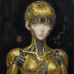 dark cyborg anime girl, made of gold and intricate complex circuitry and microchips, iridescent, colorful, intricate linework, realistic oil painting, rutkowski, wlop, chebokha, artgerm