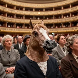 Photo of crowd at 1944 opera shows one person is wearing a horse mask