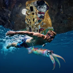 michael phelps swimming away from a turquoise squid in the pacific ocean, from below, moonli, gustav klimt, dark, ominous