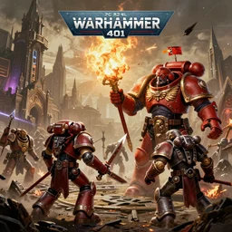 Epic battle between Astartes and orcs in the world of Warhammer 40,000, retro futurism style
