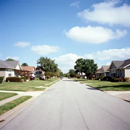 liminal space suburban neighborhood, with blue sky, and clouds, very bright day, 2 0 1 0's photograph