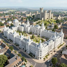 aerial view of victorian roman england steampunk town, hyper realistic, futuristic white ornated buildings, steampunk, castle, land of tomorrow!!!