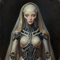 perfectly centered portrait, front view of a biomechanical alien robot young hyderabadi female, symmetrical, concept art, intricate detail, volumetric shadows and lighting, realistic oil painting by tim hildebrandt and greg rutkowski,