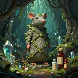 in the underground crystal cave forest, there is a rat man stone statue wrapped by vines. beside the statue, there are all kinds of medicine bottles and the atmosphere is very strong ) ) ), trending on artstation, illustrated by greg rutkowskia, 4 k digital art, the style of borderlands 2