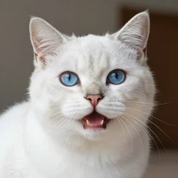 hyper - realistic portrait of a happy white cat with blue eyes, photorealism, portrait photography, volumetric lighting, insanely detailed, artstation, 4 k, 8 k