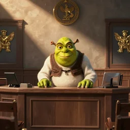 shrek on trial in courtroom, courtroom sketch,