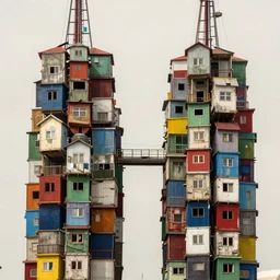 gediminas pranckevicius close - up view of two symmetrical suspended towers made up of colourful makeshift squatter shacks, faded colours, uniform off - white sky, dystopia, hasselblad x 1 d, very detailed, photographed by cristina de middel gediminas pranckevicius